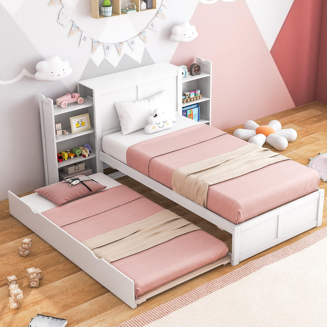 Giantex Full Bed Frame with Twin Trundle, Wooden Bed Wooden Bed Frame with 2 Rolling Bookcases &amp; High Headboard