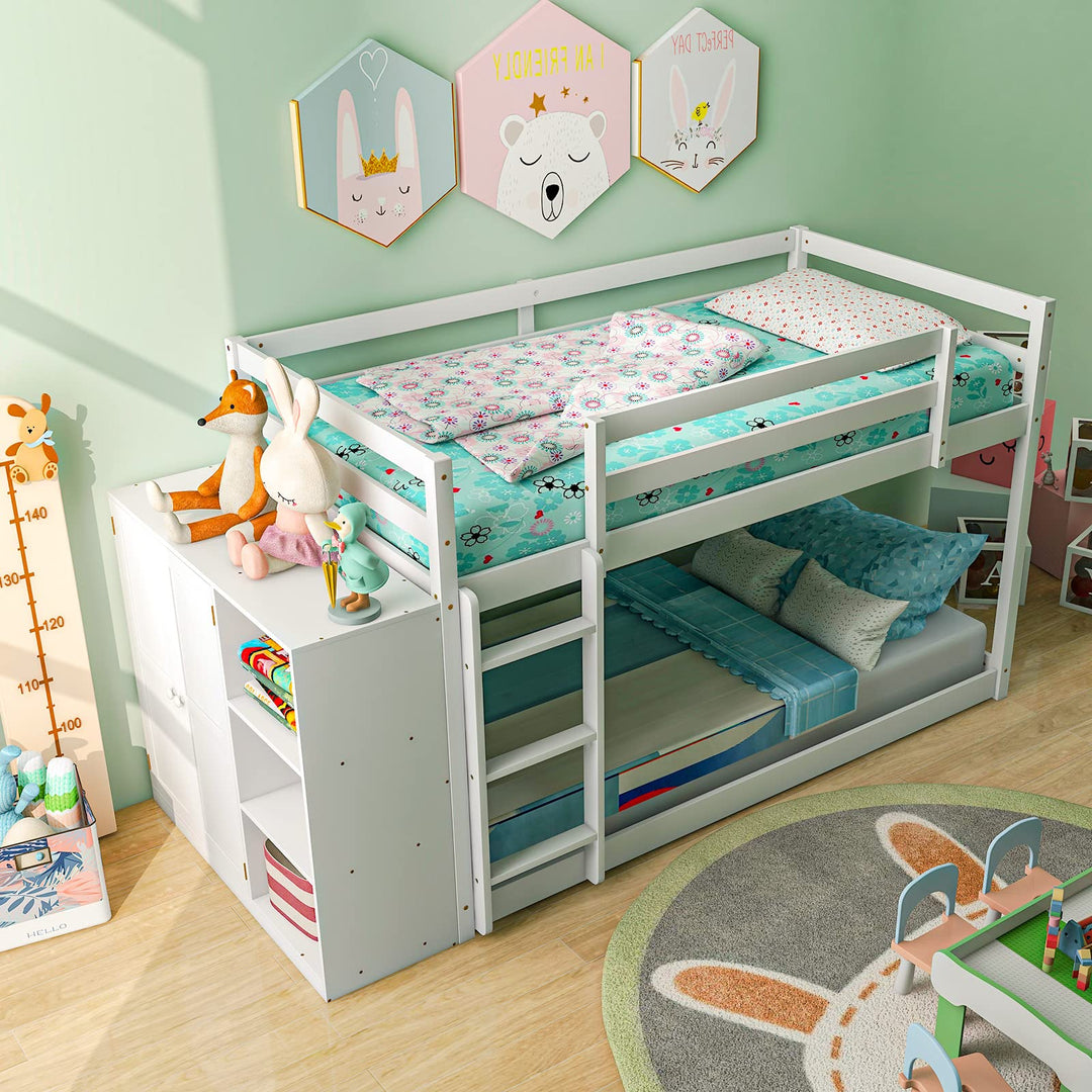 Giantex Twin Over Twin Bunk Bed with Storage Shelves, Solid Wood Bunk Bed Frame with Convertible Bookcase &amp; Ladder, White