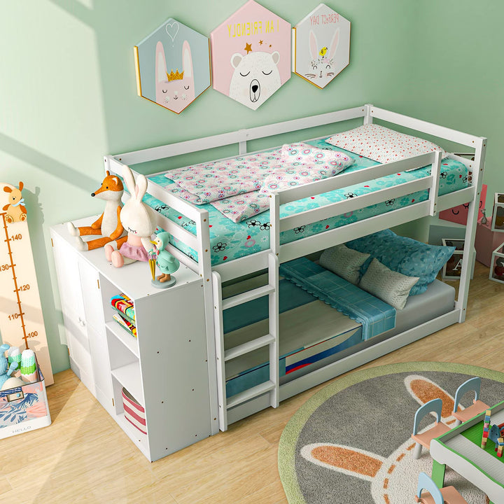 Giantex Twin Over Twin Bunk Bed with Storage Shelves, Solid Wood Bunk Bed Frame with Convertible Bookcase &amp; Ladder, White