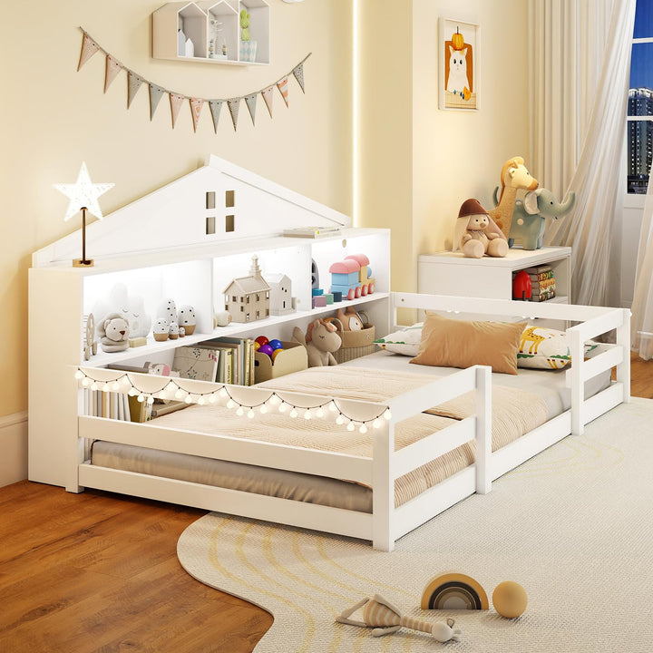 Giantex Montessori Floor Bed with LED Lights 2-in-1 Wooden House Bed Frame with Safety Guardrails