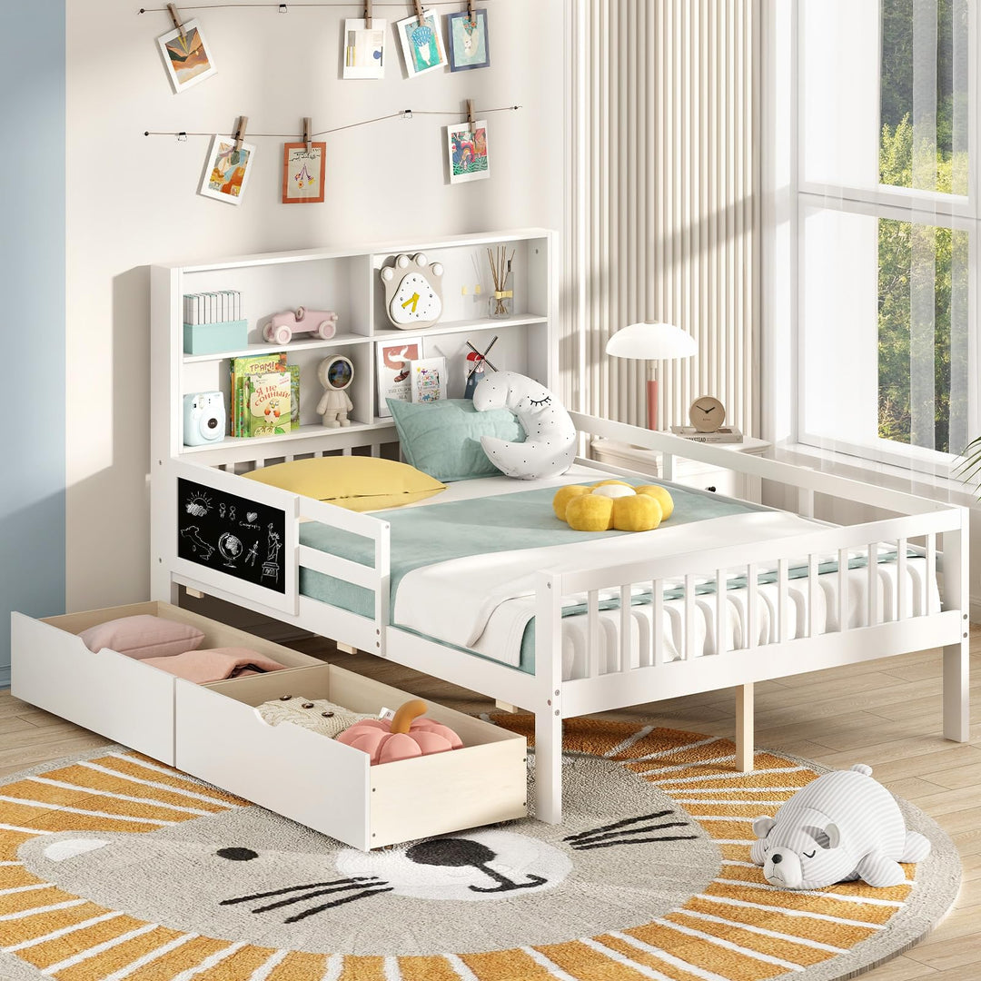 Giantex Full/Twin Size 2 Storage Drawers, Solid Wood Kids Bed Frame w/Bookcase Headboard &amp; Blackboard