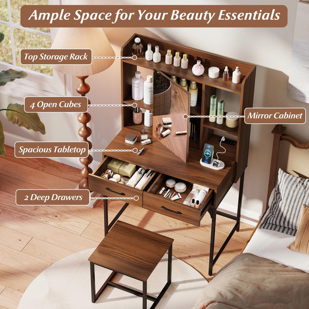 CHARMAID Vanity Desk with Charging Station Mirror Cabinet with Hidden Storage