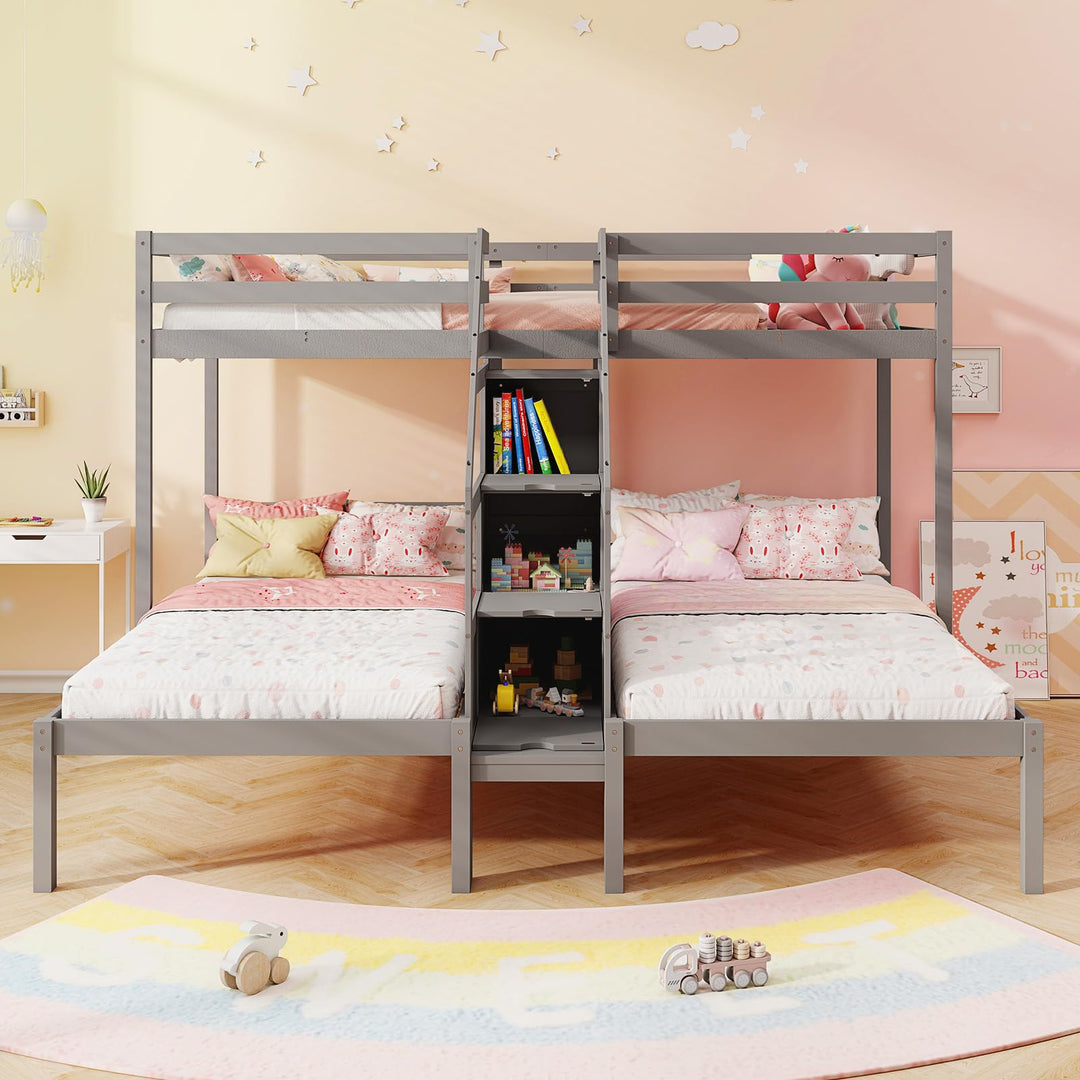 Giantex Twin Over Twin &amp; Twin Bunk Bed Triple Bunk Beds with 4-Step Storage Stair