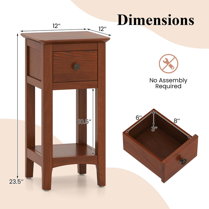 Giantex Narrow End Table with Drawer 23.5" H Side Table w/Open Storage Shelf &amp; Solid Wood Frame
