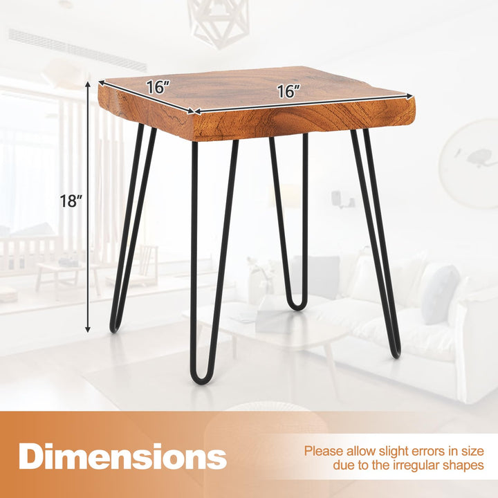 Giantex Teak Wood End Table, Solid Live Edge Outdoor Side Table w/Natural Grain &amp; Heavy-Duty Metal Legs