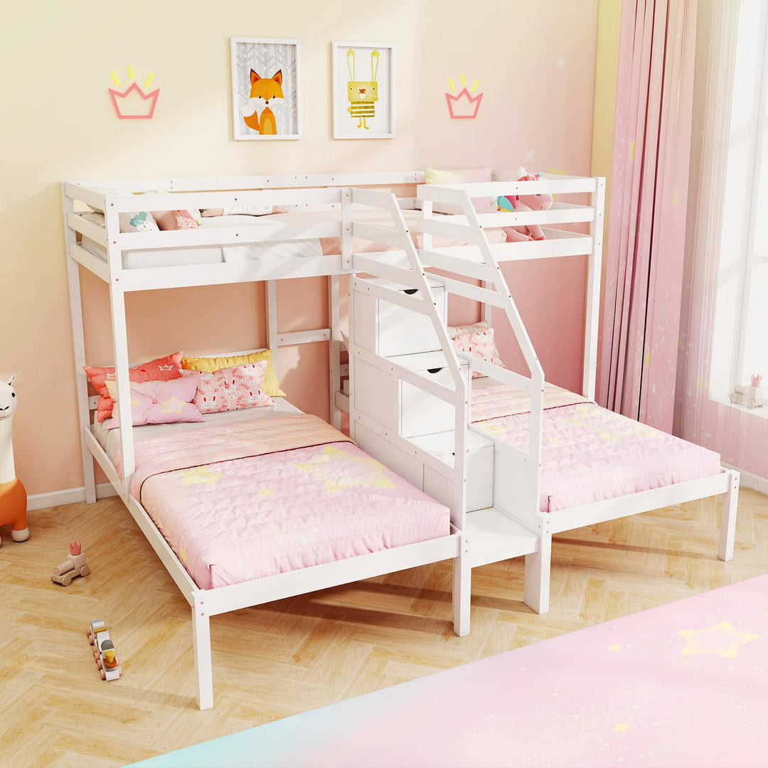 Giantex Twin Over Twin &amp; Twin Bunk Bed, Triple Bunk Beds with 4-Step Storage Stair, Wooden 3 Bunk Beds for Kids Teens