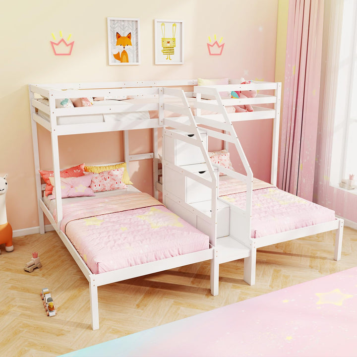 Giantex Twin Over Twin &amp; Twin Bunk Bed, Triple Bunk Beds with 4-Step Storage Stair, Wooden 3 Bunk Beds for Kids Teens