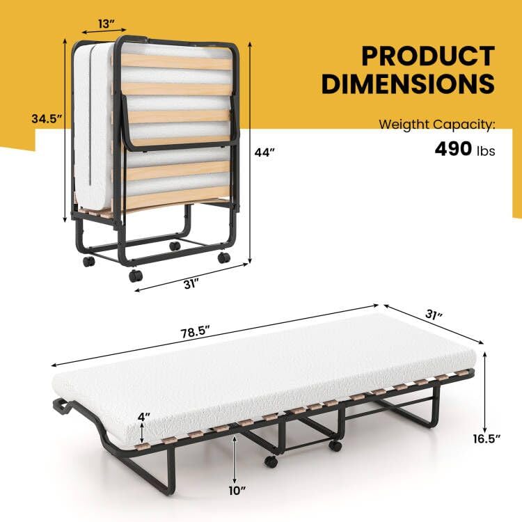 Giantex Folding Bed with 4 Inch Mattress for Adults, Cot Size Rollaway Bed for Guest, 75"x 31"