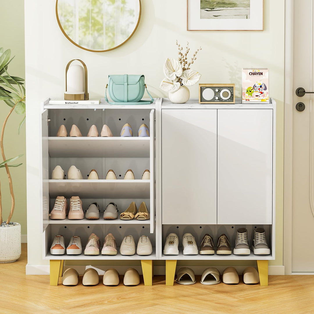 Giantex 5-Tier Shoe Cabinet with Doors, Faux Marble Shoe Rack Organizer with Anti-Tipping Kit &amp; Flat Tilting Storage Shelves