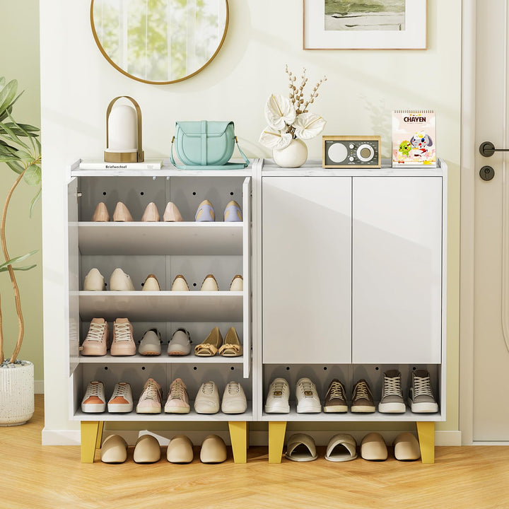 Giantex 5-Tier Shoe Cabinet with Doors, Faux Marble Shoe Rack Organizer with Anti-Tipping Kit &amp; Flat Tilting Storage Shelves