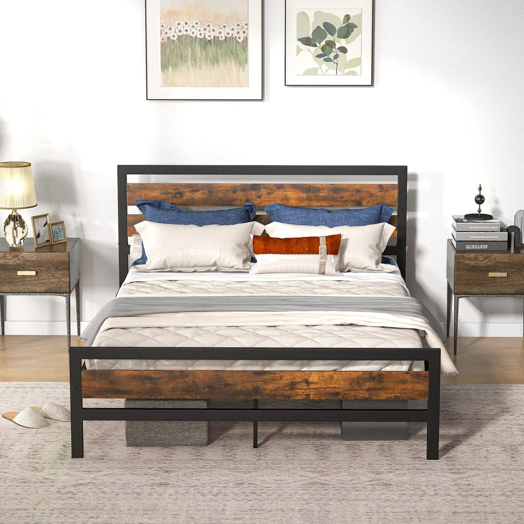 Giantex Queen Metal Platform Bed Frame with Wooden Headboard &amp; Footboard, Rustic Brown