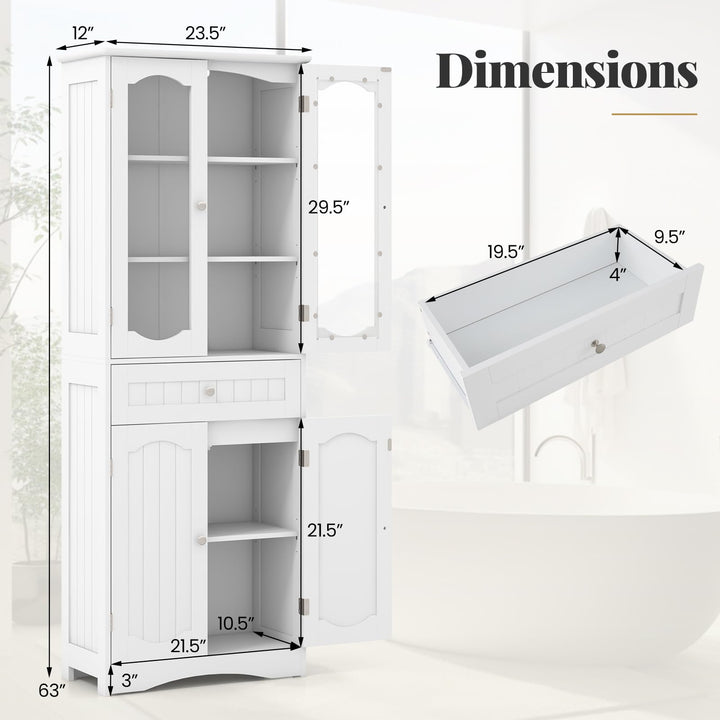 Giantex 63" Tall Bathroom Cabinet, Pantry Cabinet with Tempered Glass Doors, Adjustable Shelves &amp; Large Drawer