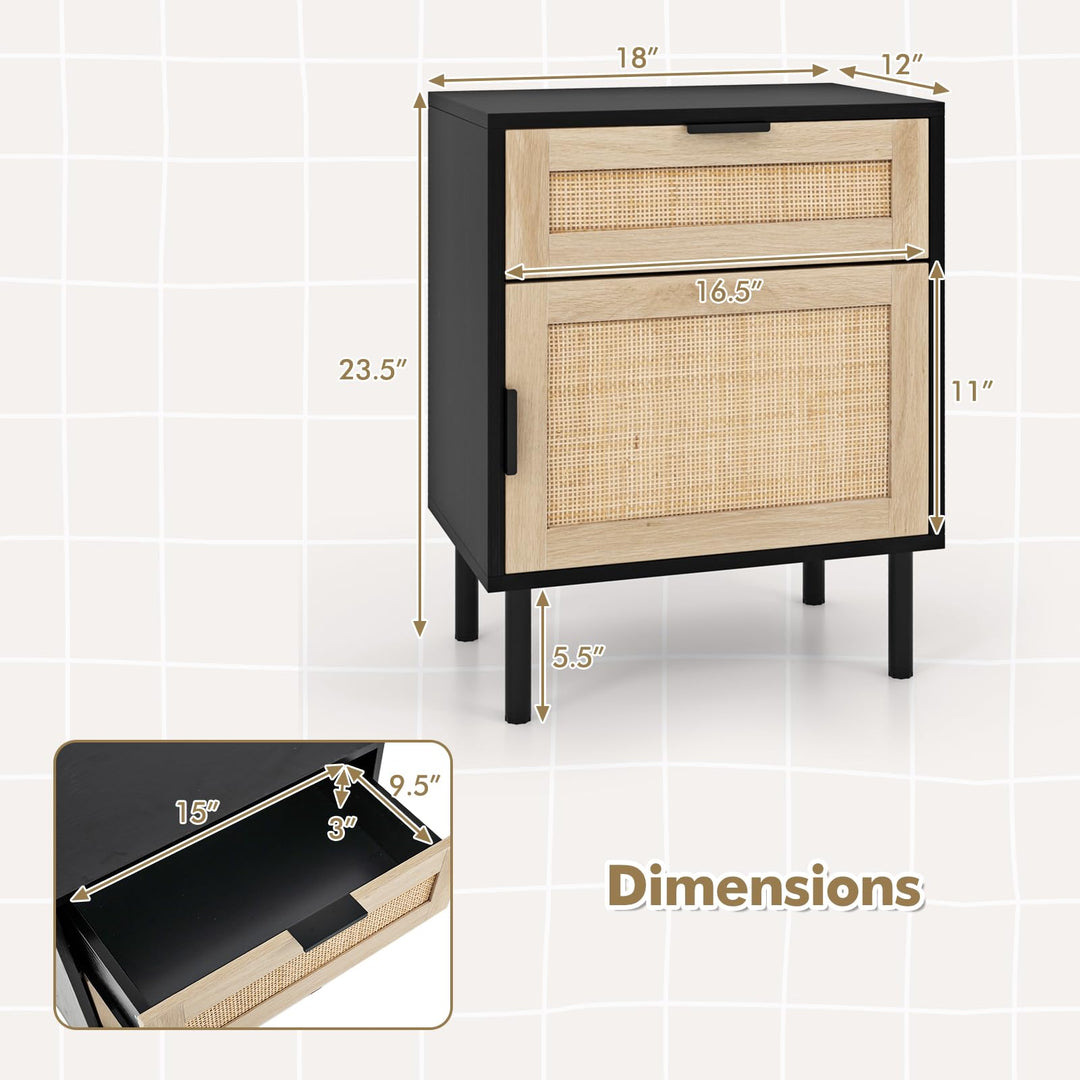 Giantex Rattan Nightstand Set of 2, Mid Century Modern End Table with Drawer &amp; Cabinet, Sofa Side Table with Sturdy Metal Legs