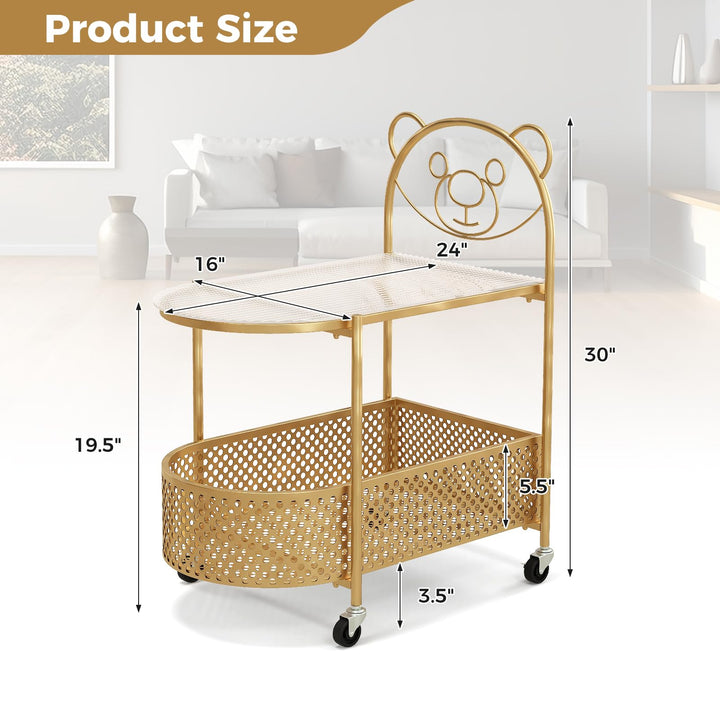 Giantex Mobile Glass Coffee Table, 2-Tier Modern Cocktail Table with Bear Pattern, Storage Basket &amp; Metal Frame