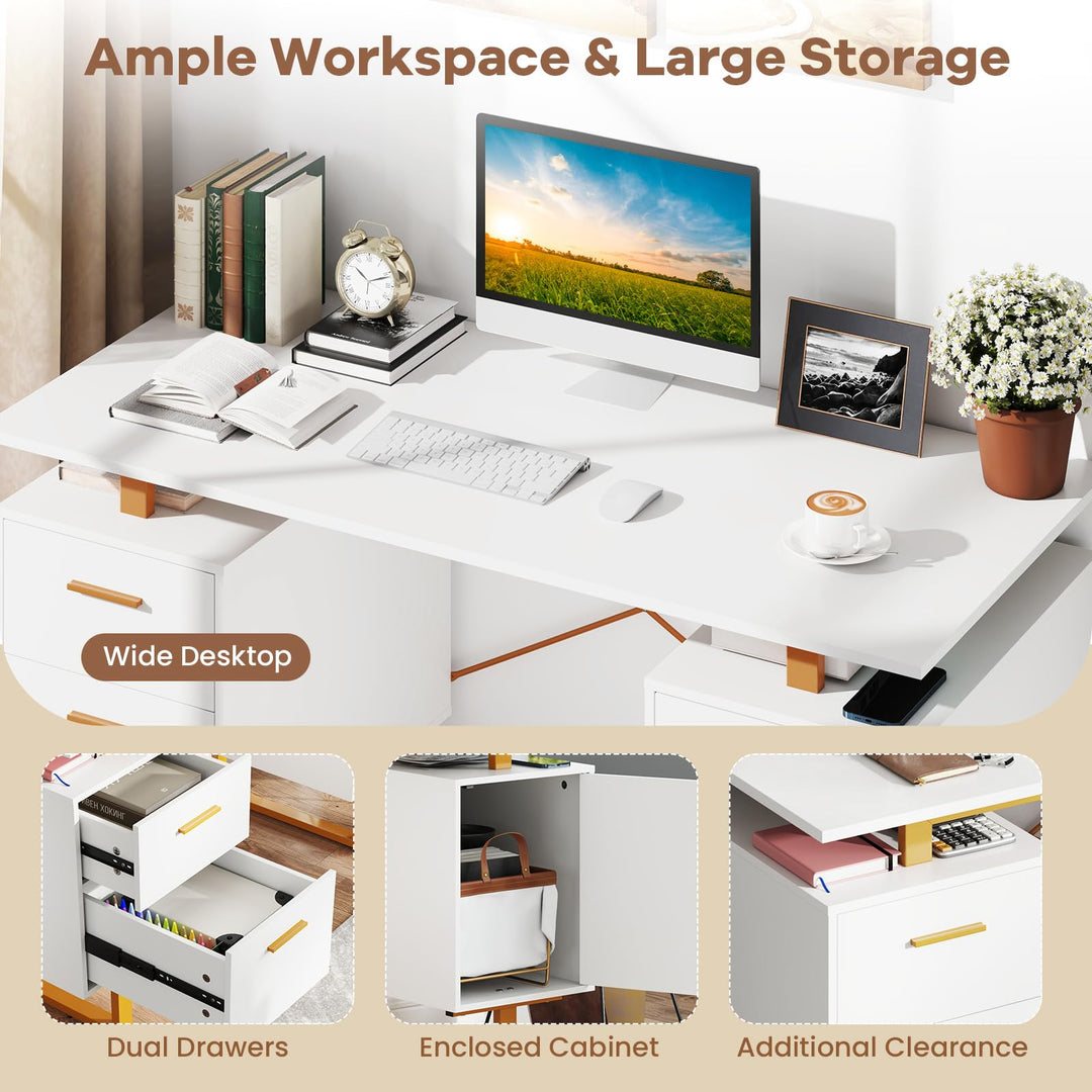 Giantex Computer Desk with Drawers &amp; Cabinet, 51” Long Home Office Desk with Floating Desktop &amp; Metal Frame