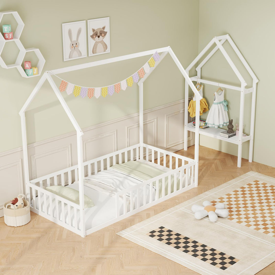 Giantex Twin House Floor Bed, Solid Wood Montessori Floor Bed with Detachable Storage Shelf &amp; Clothes Hanger