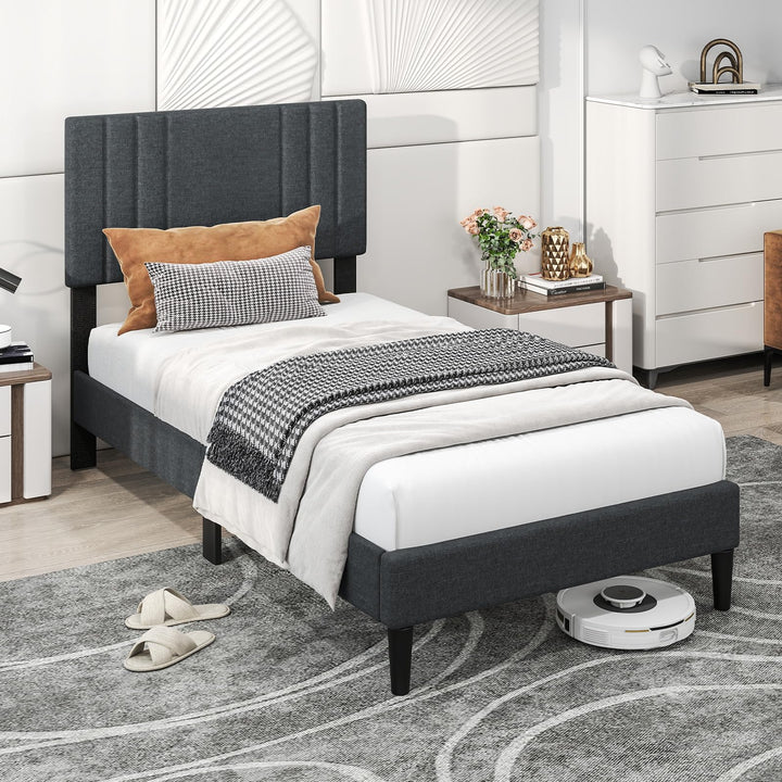 Giantex Queen/Full/Twin Size Modern Upholstered Platform Bed Frame with Vertical Channel Tufted Headboard