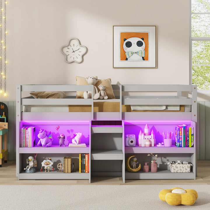 Giantex Low Loft Bed with LED Lights, Wooden Twin Loft Bed with Stairs &amp; Safety Guardrail