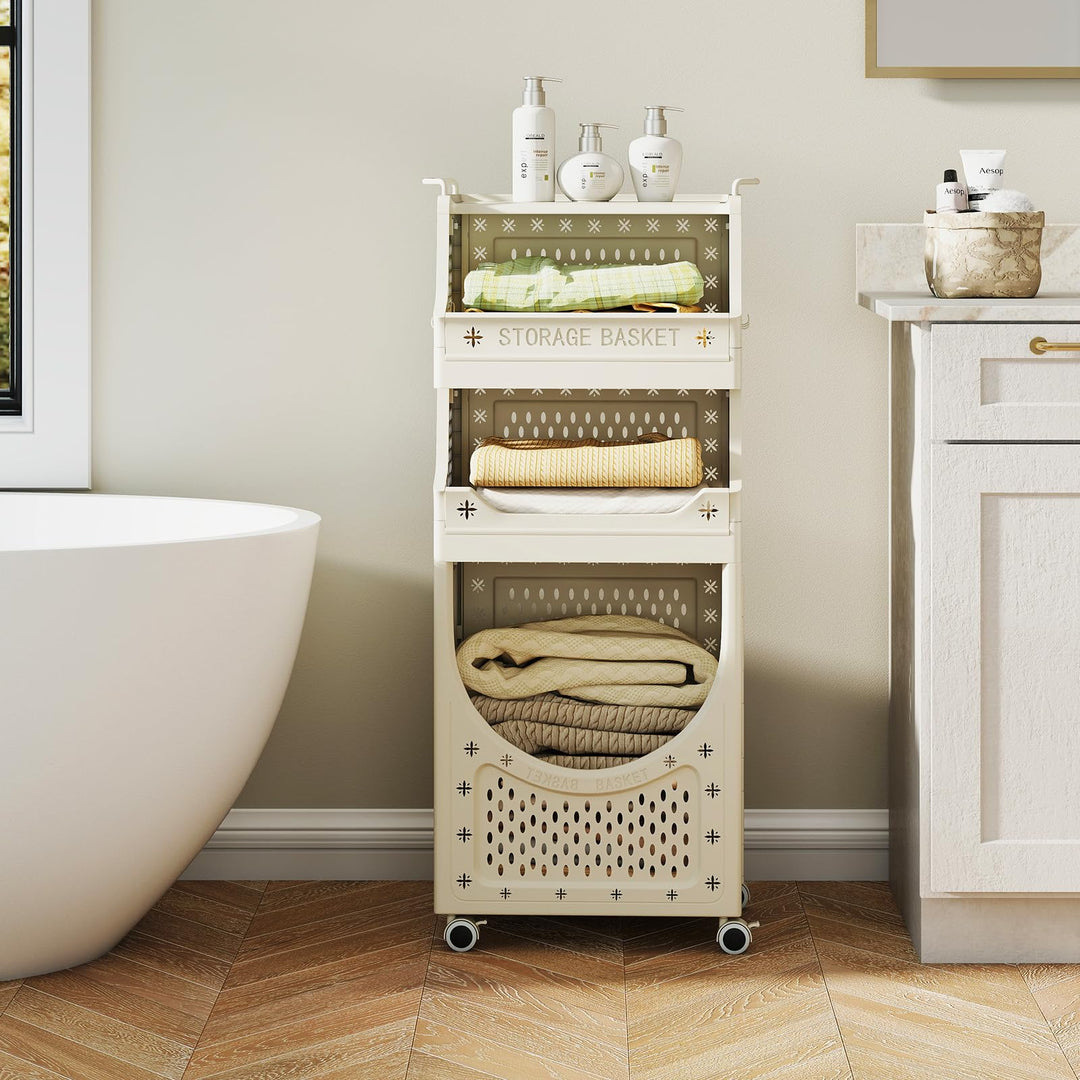 Giantex 4-Tier Rolling Laundry Cart with Wheels Folding Laundry Basket with 3 Baskets