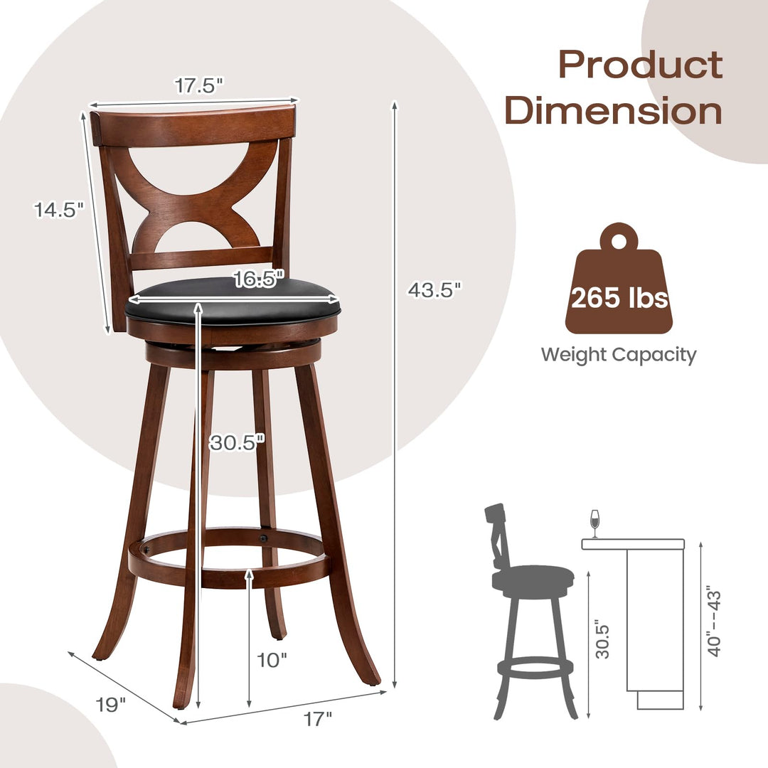 Giantex Bar Stools Set of 2, 30.5" Counter Height Bar Dining Chairs with Back &amp; Footrest, Rubber Wood Frame