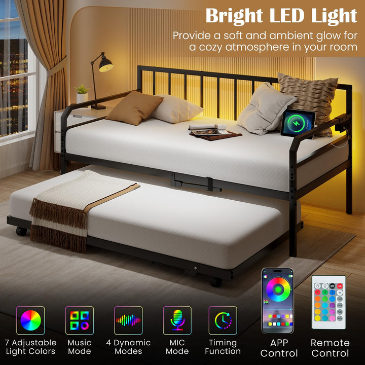 Giantex Twin Daybed with Trundle, Twin Bed Frame with Charging Station &amp; LED Lights, Metal Trundle Bed Twin w/Steel Slats Support