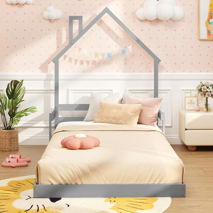 Giantex Twin Floor Bed for Kids, Wood Montessori Floor Bed with Chimney Headboard &amp; Handrail