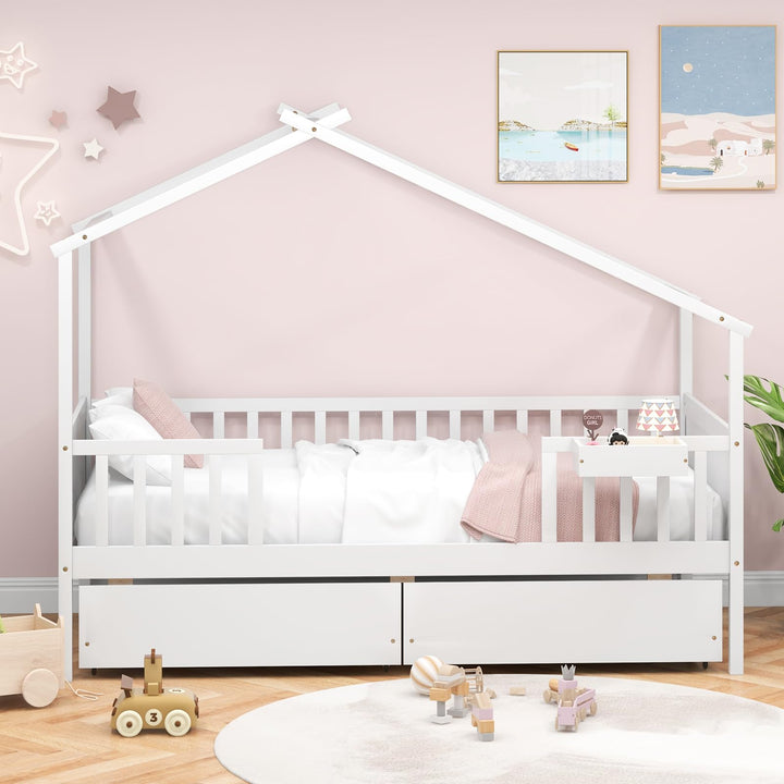 Giantex Twin House Bed with Drawers, Wooden Twin Bed Frame with Cube Storage &amp; Fence Rails