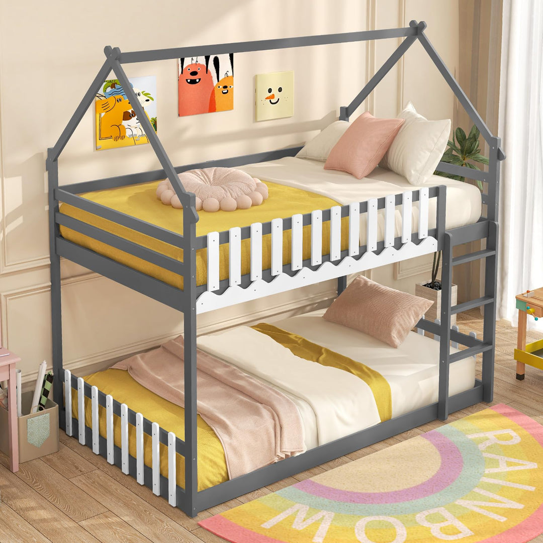 Giantex Bunk Bed Twin Over Twin, Wood House Low Bunk Bed with Ladder &amp; Fence Safety Guardrail
