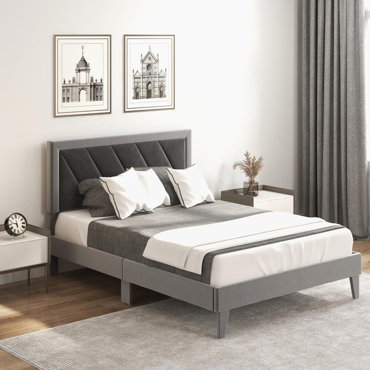 Giantex Full Size Velvet Bed Frame with Headboard, Modern Upholstered Platform Bed, No Box Spring Needed, Black &amp; Gray