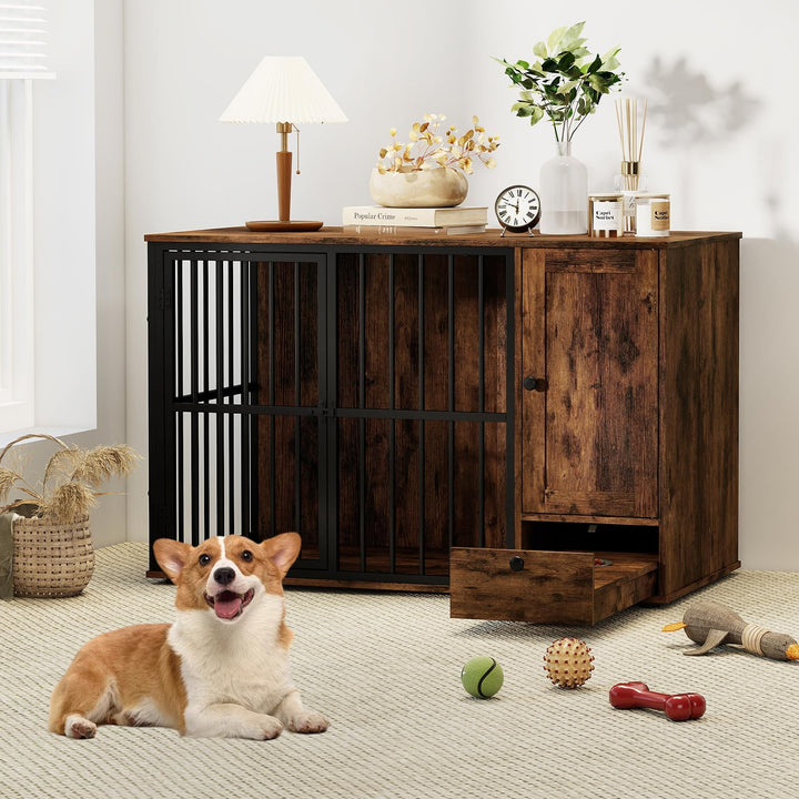 Giantex 47.5" Dog Crate Furniture with Hidden Feeding Drawer &amp; Side Storage Cabinet
