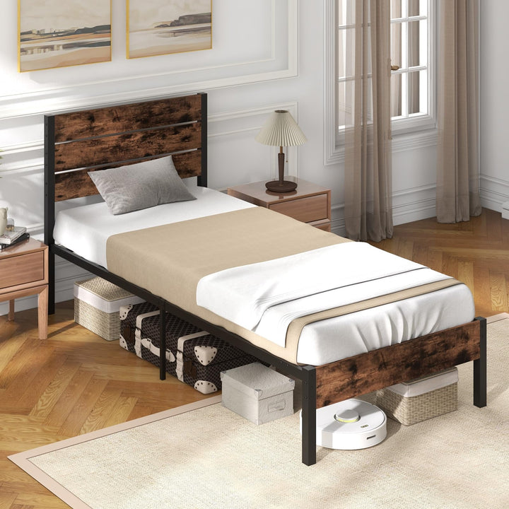 Giantex King/Queen/Full/Twin Size Metal Platform Bed Frame, Industrial Bed Frames with Wood Headboard