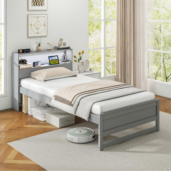 Giantex Twin Bed Frames with Storage Headboard, Wood Platform Bed with Charging Station &amp; LED Light