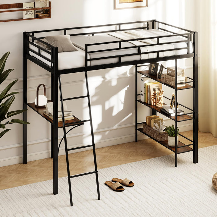 Giantex Twin Size Loft Bed with Desk &amp; Shelves for Kids