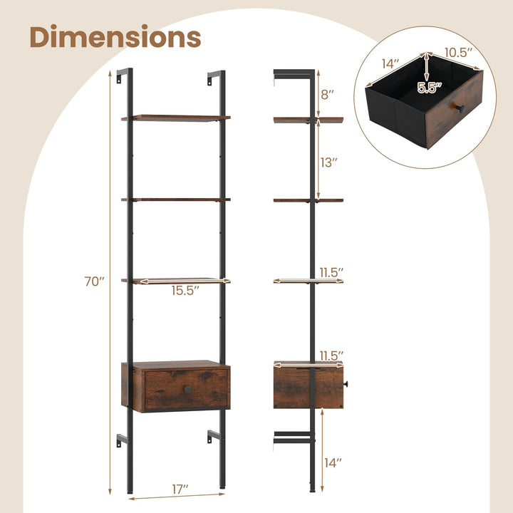 Giantex 5-Tier Ladder Bookcase with Drawer 70" Tall Wall-Mounted Bookshelf with Metal Frame