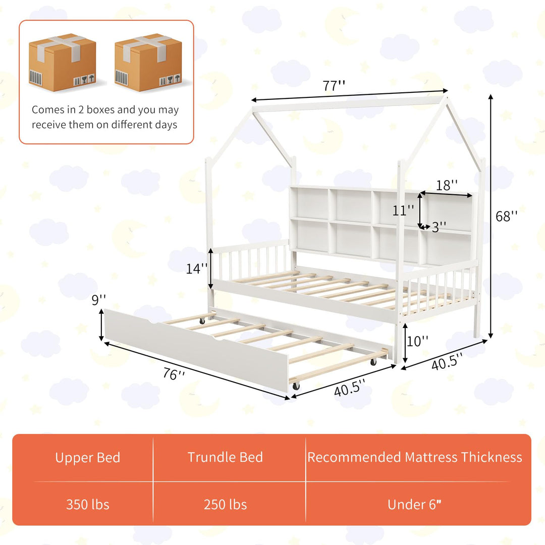 Giantex Twin House Bed with Trundle, Solid Wood Bed Frame with Roof &amp; 8 Cube Bookcase