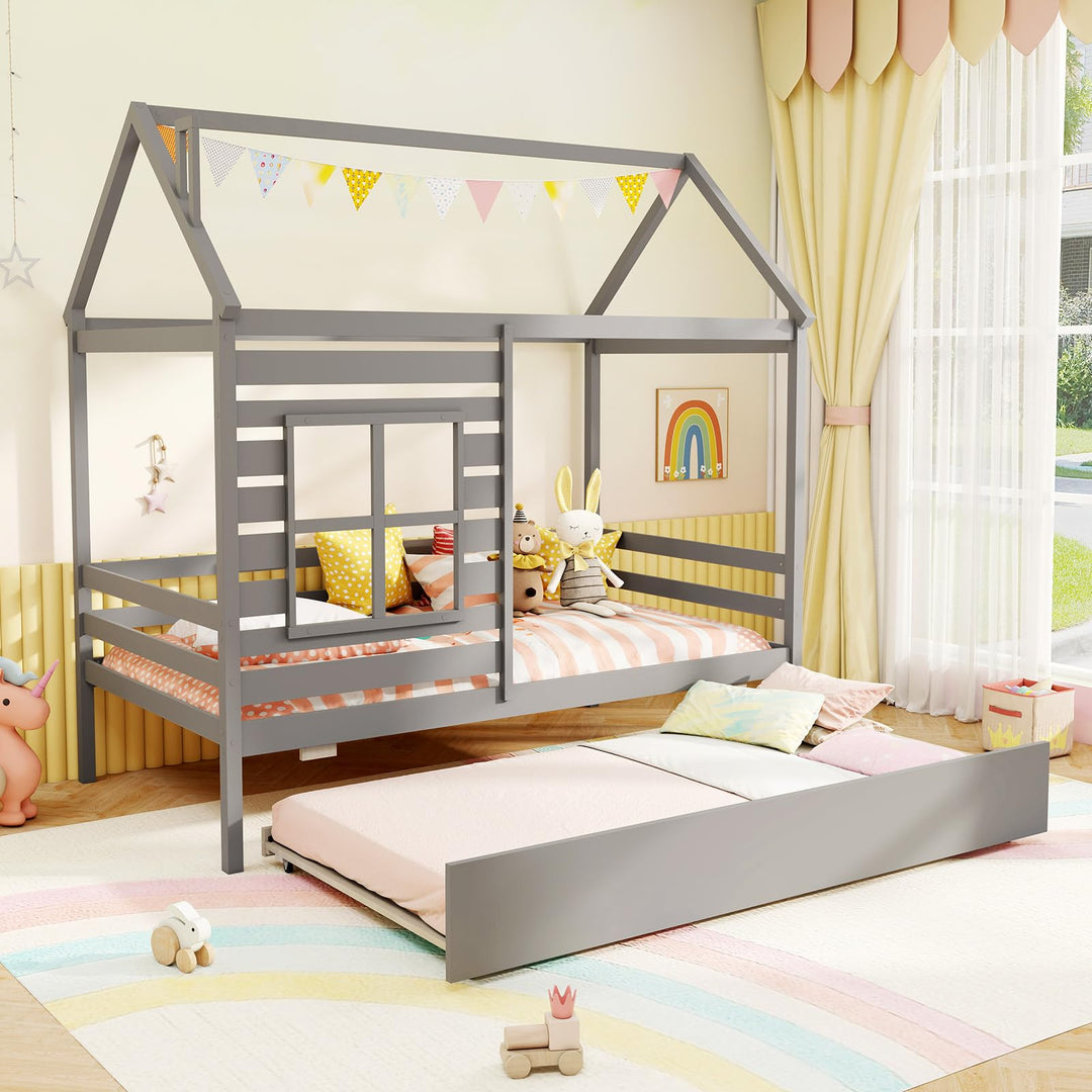 Giantex Twin House Bed with Trundle Bed Twin, Wooden Twin Bed Frames with Roof, Chimney &amp; Window