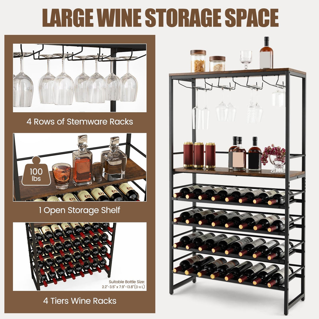 Floor Wine Rack w/ 4-Tier Wine Storage &amp; 4 Rows of Stemware Racks
