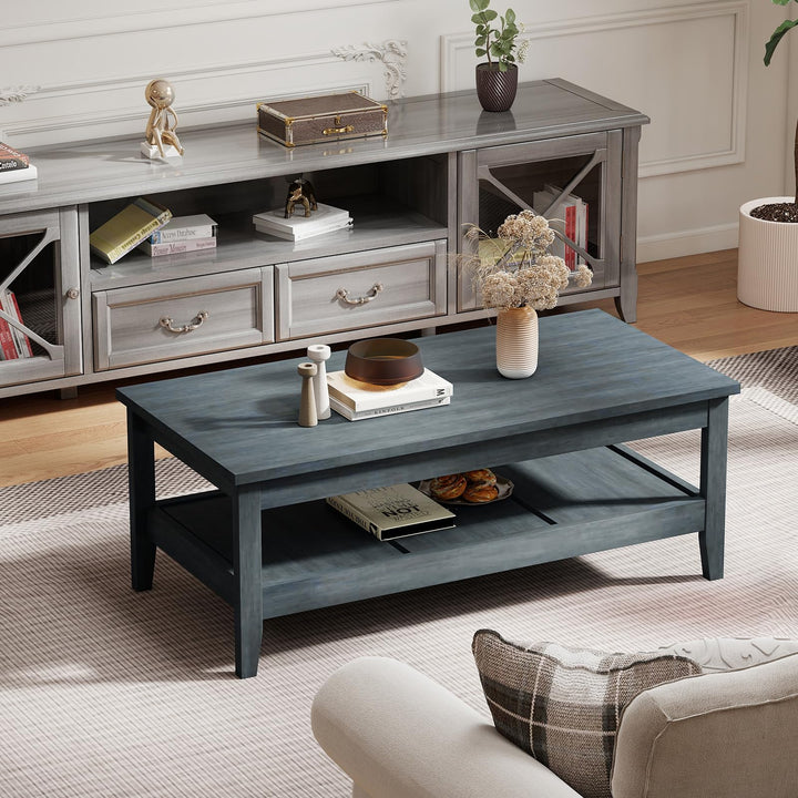 Giantex Farmhouse Coffee Table Rustic Cocktail Center Table with Thickened Tabletop