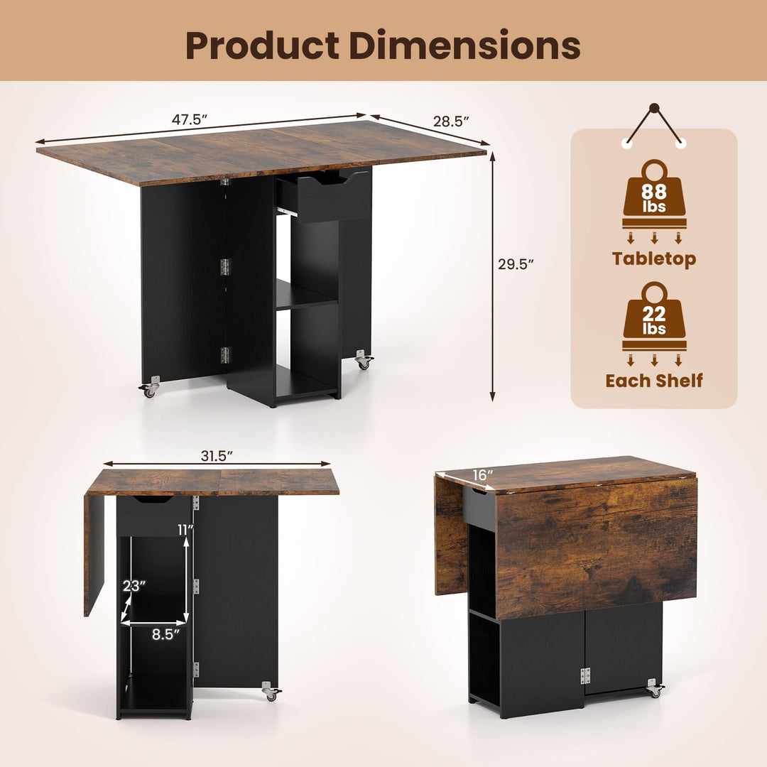Giantex 47.5" Folding Dining Table | Drop Leaf Wooden Dinner Table with 2-Tier Storage Shelf and Drawer