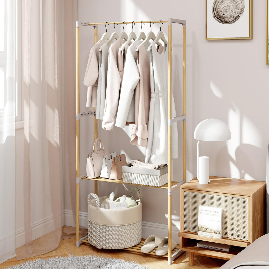 Giantex Pine Wood Clothes Rack with 2-Tier Open Storage Shelf for Hanging Clothes