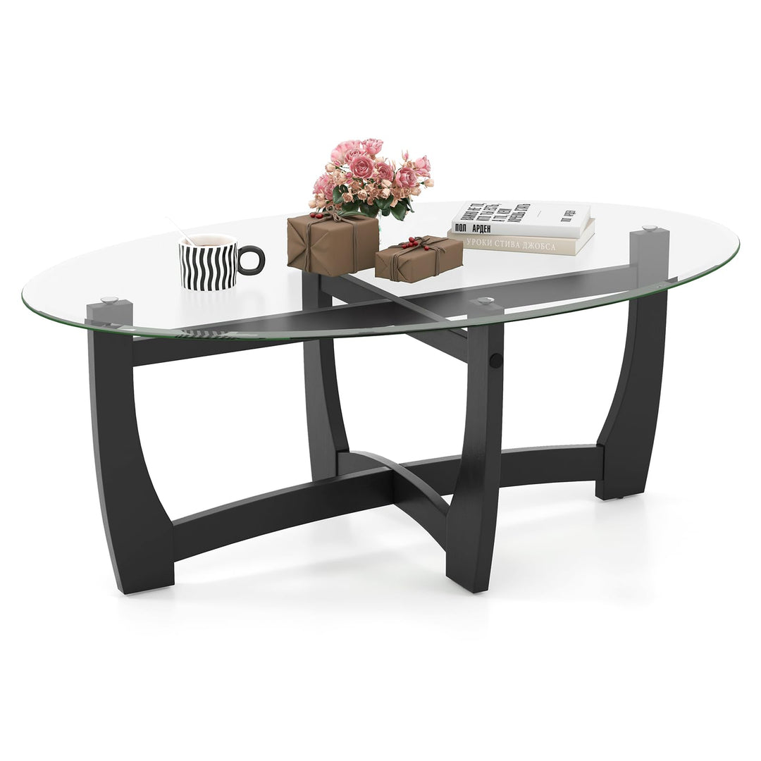 Giantex Glass Coffee Table, 48" Oval Accent Tea Table with Tempered Glass Top &amp; Solid Wood Structure
