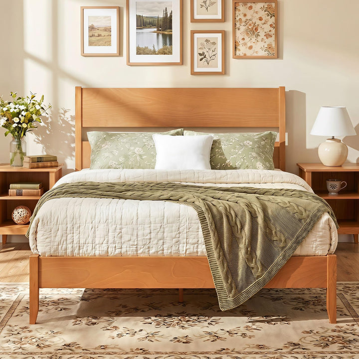 GIANTEX Queen/Full/Twin Size Wooden Bed Frame with Slatted Headboard
