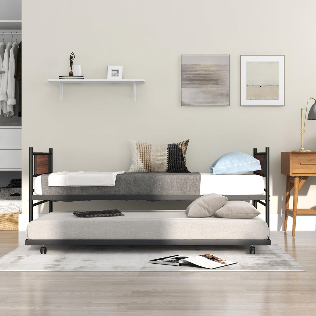 Giantex Metal Daybed with Trundle, Twin Size Day Bed with Wood Grain Headboard &amp; Metal Slat Support