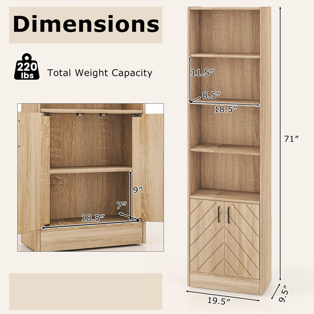 Giantex 6-Tier Bookshelf with Double Doors, 71" Tall Bookcase w/ 4 Open Cubes &amp; 3 Adjustable Shelves