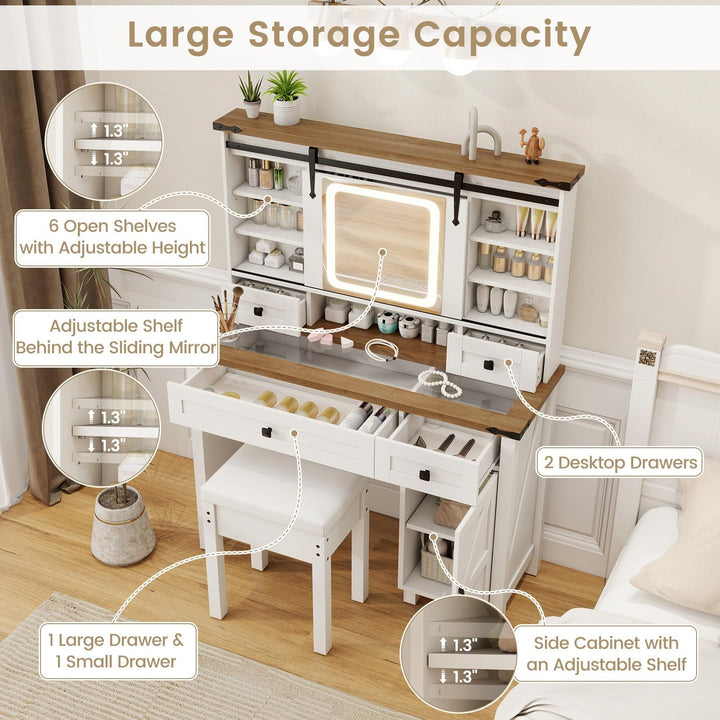 CHARMAID Farmhouse Vanity Desk with Barn-Style Sliding Mirror, Lights &amp; Stool (42" Wide,White &amp; Brown)