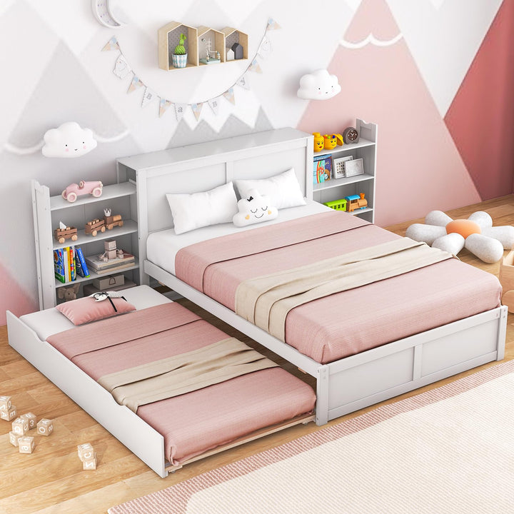Giantex Full Bed Frame with Twin Trundle, Wooden Bed Wooden Bed Frame with 2 Rolling Bookcases &amp; High Headboard