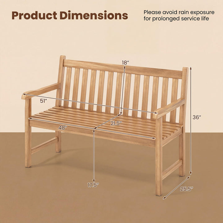 GIANTEX 51" Teak Wood 2-Person Patio Bench with Armrests