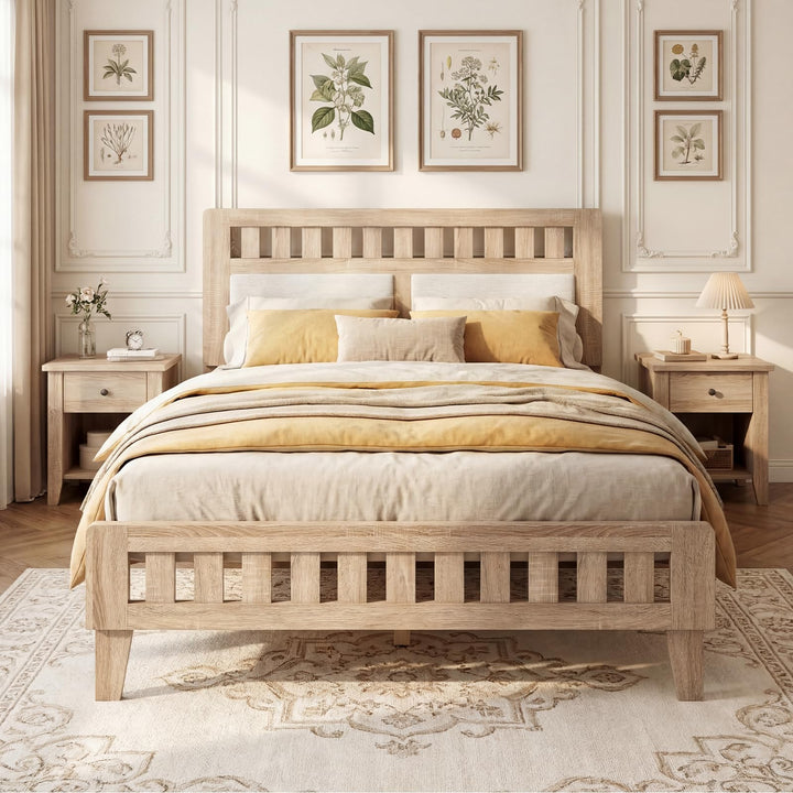 Giantex Mid-Century Wood Bed Frame with Upholstered Headboard (Full/Twin/Queen)