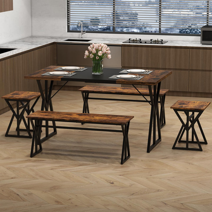 Giantex 55" Kitchen Table with 2 Benches &amp; 2 Stools with X-Shaped Metal Frame