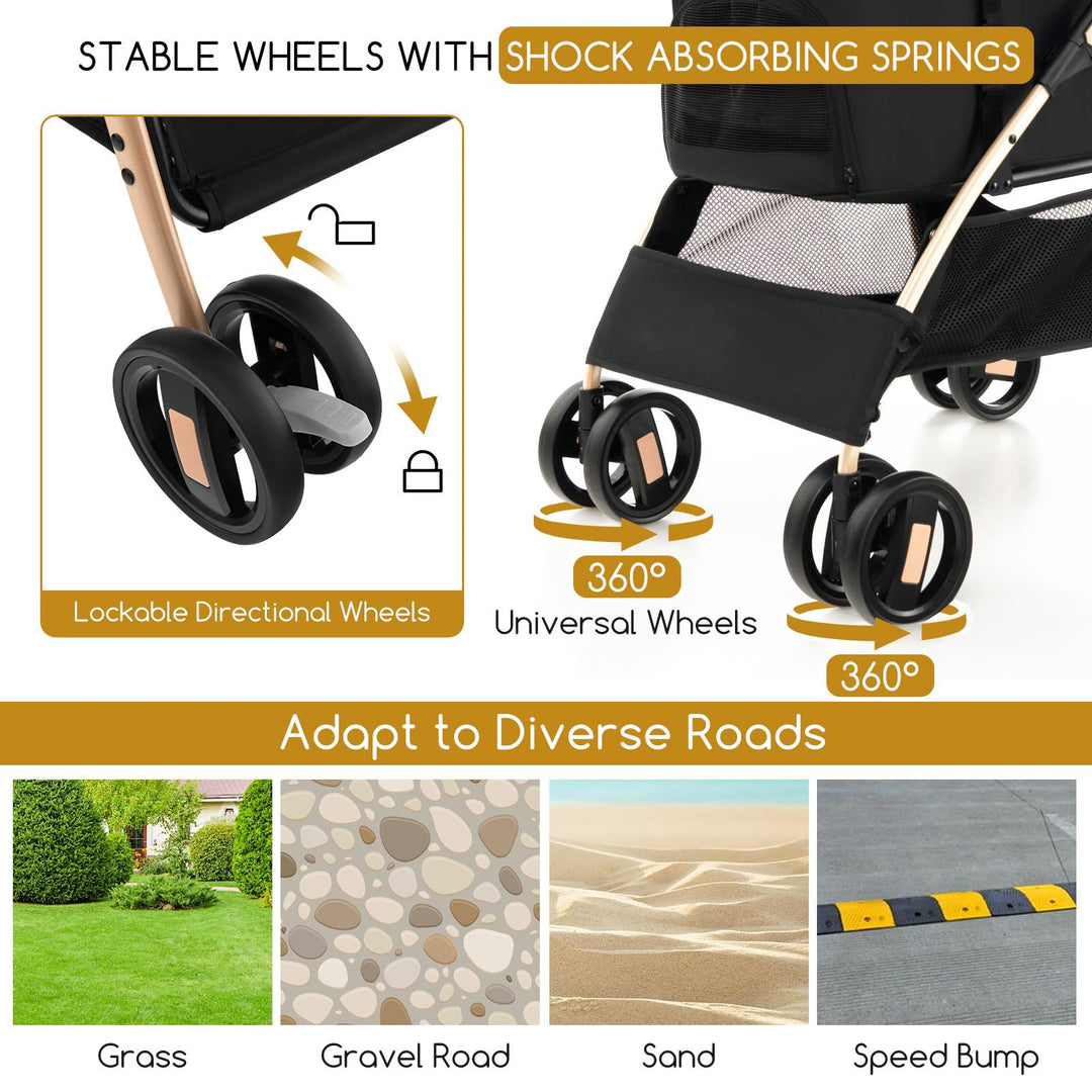 Giantex Pet Stroller 3-in-1, Folding Dog Stroller Detachable Carrier Car Seat (Black &amp; Gold)